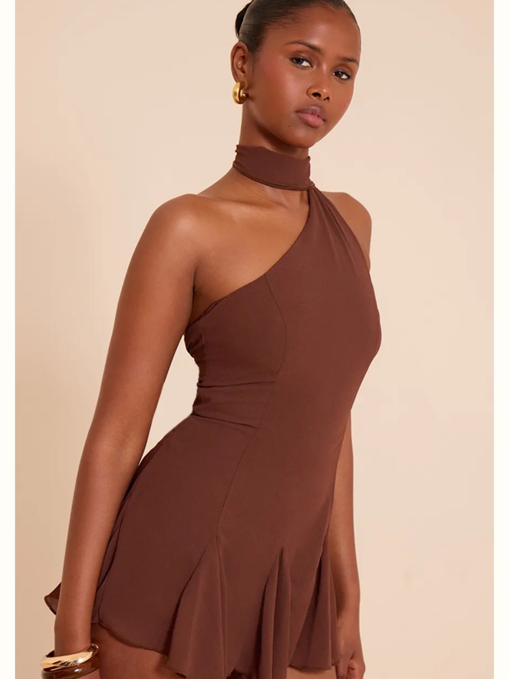 Asymmetric One-Shoulder Brown Mini Dress